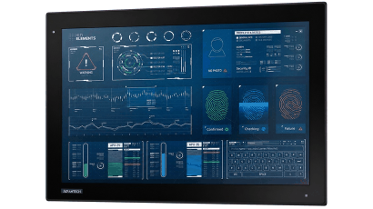 15.6" Full HD industrial display with P-CAP touchscreen, IP66-rated aluminum bezel, 1,200 cd/m² high brightness, and auto-dimming mode.